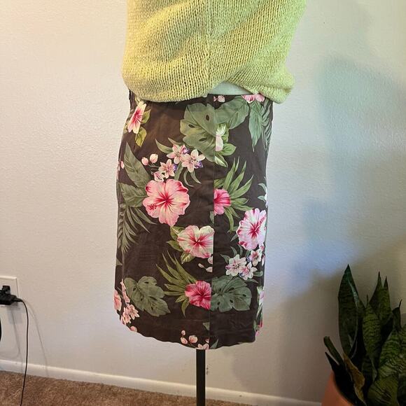 Jones Vintage 90s Brown Tropical Floral Print Cotton Summer Mini Skirt Size 14 - Picture 5 of 10